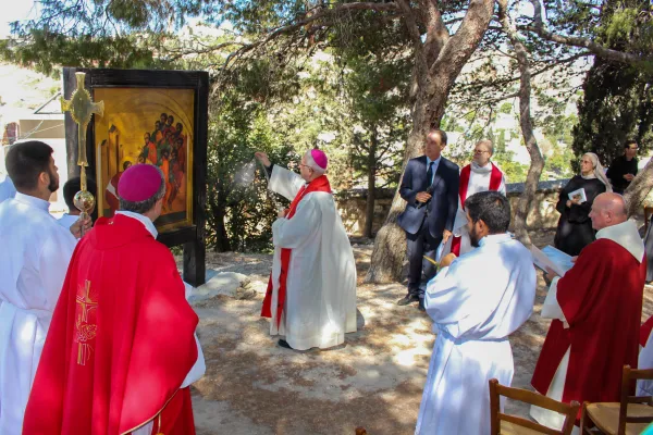 Monsignor William Shomali, general vicar of the Latin Patriarchate of Jerusalem, incenses the icon depicting the washing of the feet, located at the end of the Pilgrims of Hope Way, during the inauguration that took place on Sept, 14, 2024. Credit: Latin Patriarchate of Jerusalem