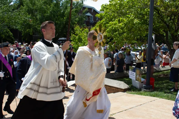 The Eucharistic procession arrives at St. Stephen Protomartyr Church after a roughly 5.5-mile walk in 90-degree heat. Credit: Jonah McKeown/CNA
