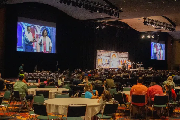 Damon and Melanie Owens, Catholic speakers from Philadelphia and parents of eight children, present at a family session at the National Eucharistic Congress. Credit: Jonah McKeown/CNA