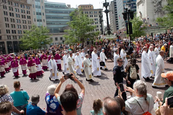 Bishops and priests process past the Soldiers and Sailors Monument in downtown Indianapolis. Credit: Jonah McKeown/CNA