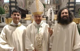Bearded former punk band guitarist Father Giulio Vannucci and former policeman Father Michele Di Stefano flank Bishop Giovanni Nerbini following their June 8, 2024, ordination to the Catholic priesthood. Credit: Diocese of Prato, Italy
