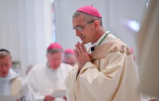 Bishop James Ruggieri prays during his ordination Mass in Portland, Maine on May 7, 2024. Credit: McKenney Photography