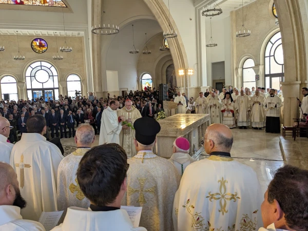 Cardinal Pietro Parolin on Jan. 10, 2025, consecrates the altar during the inauguration of a vast church on the very spot where Christ was baptized by St. John the Baptist in the Jordan River . Credit: Father John D’Orazio