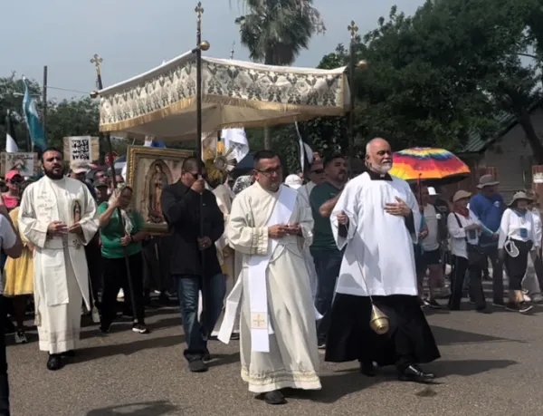 An image of Our Lady of Guadalupe, crafted in Mexico and gifted to the pilgrimage by the Mexican Diocese of Matamoros, is being carried along with the Eucharist as the Juan Diego Route processes from south Texas to Indiana. Credit: Peter Pinedo/CNA