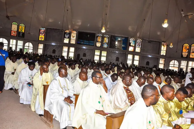 Priests at the funeral of Father Vitus Borogo in the archdiocese of Kaduna, Nigeria on June 30, 2022.