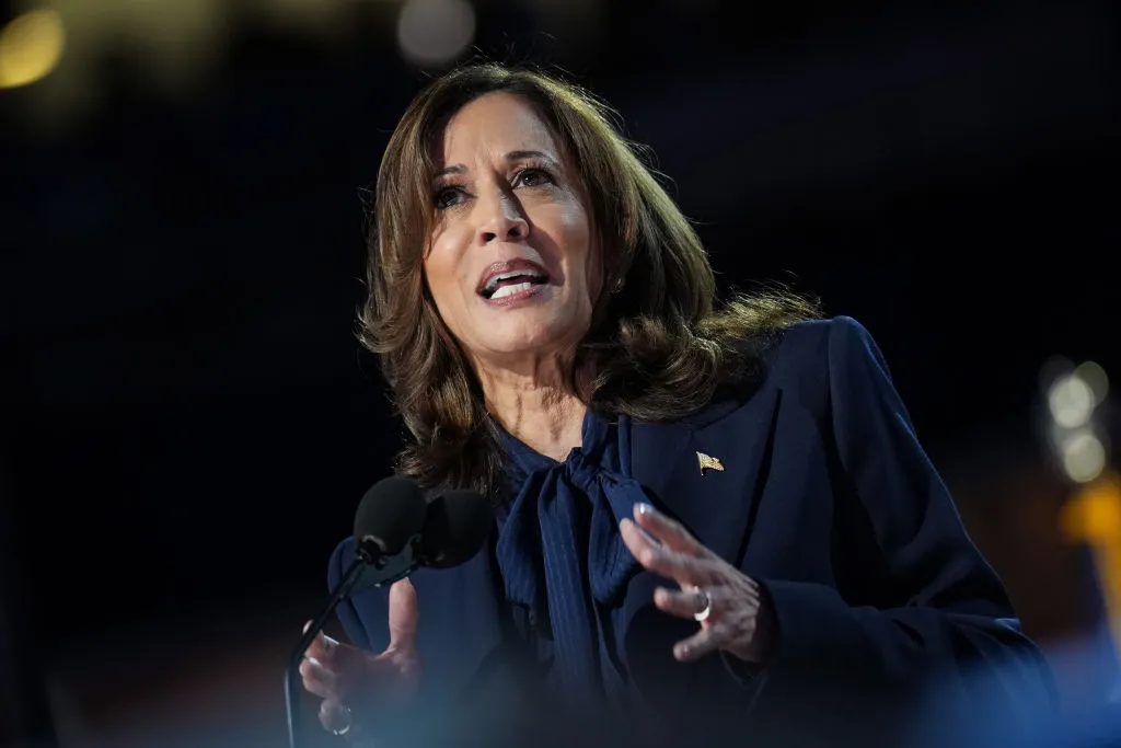 Democratic presidential candidate Vice President Kamala Harris arrives to speak on stage during the final day of the Democratic National Convention at the United Center on Aug. 22, 2024, in Chicago.?w=200&h=150