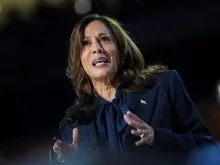 Democratic presidential candidate Vice President Kamala Harris arrives to speak on stage during the final day of the Democratic National Convention at the United Center on Aug. 22, 2024, in Chicago.