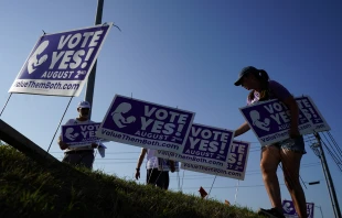 Supporters of the Vote Yes to a Constitutional Amendment on Abortion remove signs along 135th Street on Aug. 1, 2022, in Olathe, Kansas. Kyle Rivas/Getty Images