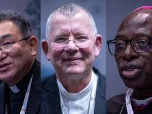 Cardinals-elect Archbishop Tarcisio Isao Kikuchi, SVD; Archbishop Jaime Spengler, OFM; and Archbishop Ignace Bessi Dogbohe discuss the contributions of the Church outside Europe during a Synod on Synodality press briefing on Oct. 8, 2024.