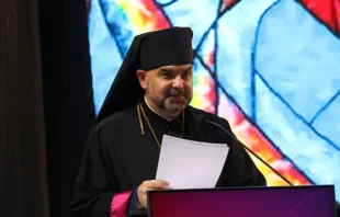 During the Sept. 9, 2024, session of the International Eucharistic Congress in Quito, Ecuador, Bishop Hryhoriy Komar of Sambir, Ukraine, gave his testimony about the horrors of the war in his country. Credit: Eduardo Berdejo/EWTN News