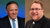 Trois-Rivières Bishop Martin Laliberté (right), the president of the Assembly of Catholic Bishops of Quebec, said the bishops there were “deeply concerned about the erasure of people and believing communities from Quebec’s public space” after Quebec Premier François Legault (left) said last week that praying in public parks and streets “is not something we want in Quebec.”