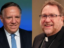 Trois-Rivières Bishop Martin Laliberté (right), the president of the Assembly of Catholic Bishops of Quebec, said the bishops there were “deeply concerned about the erasure of people and believing communities from Quebec’s public space” after Quebec Premier François Legault (left) said last week that praying in public parks and streets “is not something we want in Quebec.”