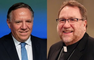 Trois-Rivières Bishop Martin Laliberté (right), the president of the Assembly of Catholic Bishops of Quebec, said the bishops there were “deeply concerned about the erasure of people and believing communities from Quebec’s public space” after Quebec Premier François Legault (left) said last week that praying in public parks and streets “is not something we want in Quebec.” Credit: Lea-Kim Chateauneuf, CC BY-SA 4.0, via Wikimedia Commons; Michel Montembeault, CC BY-SA 4.0, via Wikimedia Commons