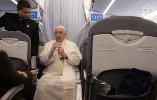 Pope Francis takes questions from the media aboard the papal flight from Hungary to Rome April 30, 2023. Daniel Ibanez/CNA