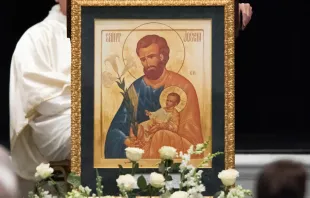 In 2021, the Knights of Columbus announced the selection of this icon of St. Joseph holding the Child Jesus as the centerpiece of the current K of C pilgrim icon prayer program. The original icon was created (or "written") by Élizabeth Bergeron, an iconographer in Montréal, based on a drawing by Alexandre Sobolev. Credit: Courtesy of Knights of Columbus