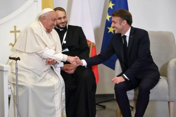 Pope Francis and French President Emmanuel Macron meet in Corsica on Dec. 15, 2024. Credit: Daniel Ibáñez/EWTN/Vatican Pool