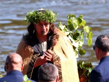 The new Maori Queen Kuini Nga wai hono i te po — who is Catholic — leaves the waka (canoe) following her father, Maori king Tuheitia Pootatau Te Wherowhero VII, on Sept. 5, 2024, in Hamilton, New Zealand.