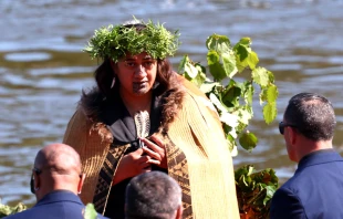 The new Maori Queen Kuini Nga wai hono i te po — who is Catholic — leaves the waka (canoe) following her father, Maori king Tuheitia Pootatau Te Wherowhero VII, on Sept. 5, 2024, in Hamilton, New Zealand. Credit: Phil Walter/Getty Images