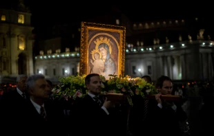 St. Peter’s Square was illuminated by candlelight the night of Saturday, May 20, 2023, as pilgrims prayed the rosary in a procession in honor of the Blessed Virgin Mary. Credit: Daniel Ibañez/CNA