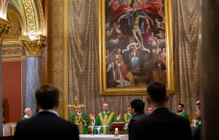 According to Venerable English College, during the Catholic persecution in England, students would gather around the “Martyrs’ Picture” in the chapel to sing the Te Deum — a Latin hymn of thanksgiving — whenever news reached Rome of the martyrdom of a former student. This custom continues today on Martyrs’ Day, Dec. 1, when the relics of the martyrs, preserved beneath the altar, are venerated by the students. Credit: Bénédicte Cedergren/EWTN News