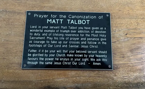A prayer plaque with the Prayer for Canonization of Venerable Matt Talbot at the Matt Talbot Shrine in Dublin. Credit: Courtney Mares/CNA