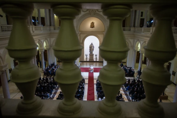 Pope Francis speaks to the academic community at the Pontifical Gregorian University in Rome on Nov. 5, 2024. Credit: Daniel Ibáñez/CNA