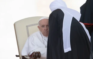 Metropolitan Anthony, chairman for external church relations of the Russian Orthodox Church, greets Pope Francis after his weekly general audience in St. Peter's Square on May 3, 2023. Daniel Ibañez/CNA