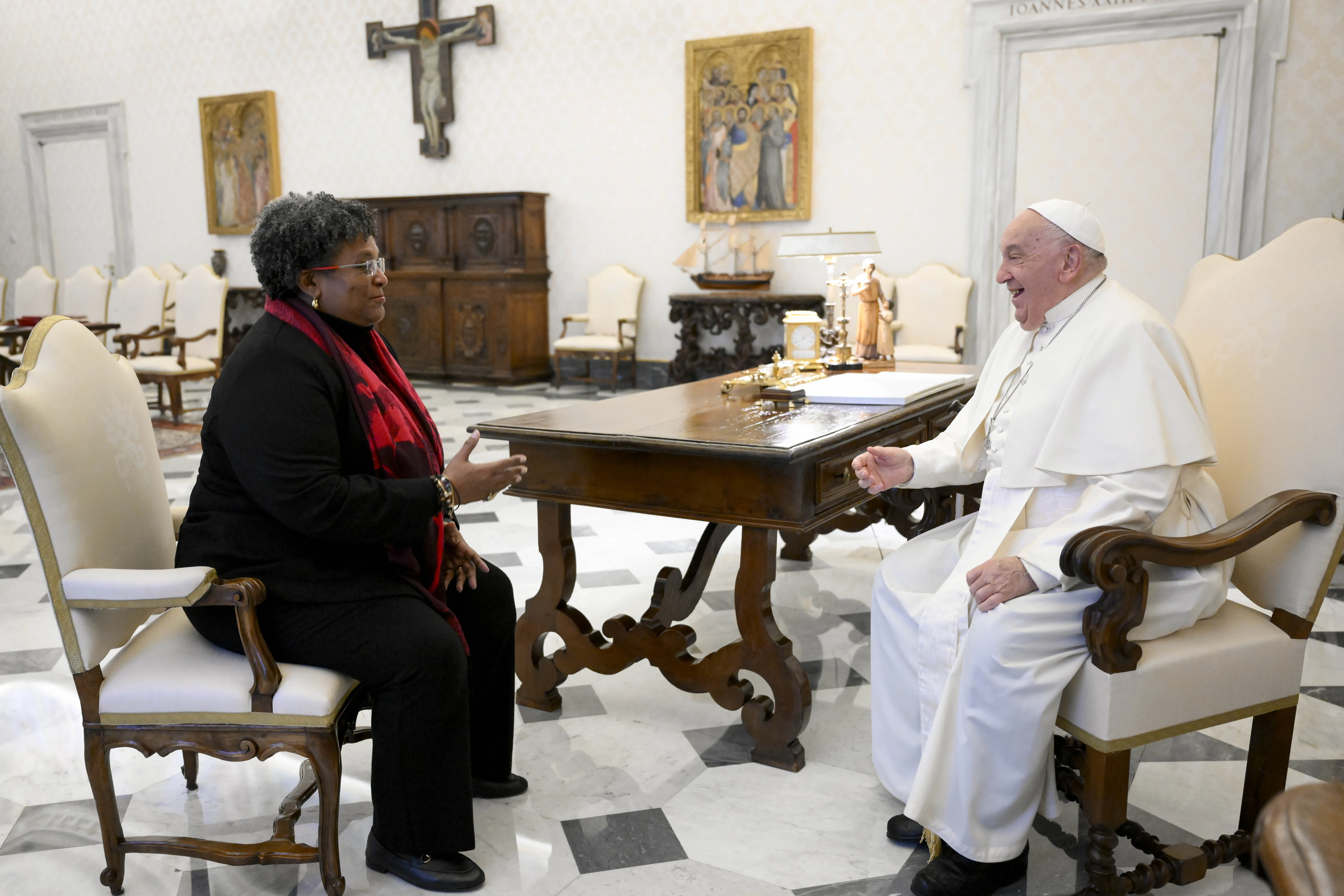 Pope Francis meets with Prime Minister of Barbados Mia Mottley on Nov. 14, 2024, at the Vatican ahead of a meeting of the Pontifical Academy for Life titled “Common Good: Theory and Practice” in which Mottley was a panelist. The academy’s meeting discussed the global financial system in light of the social doctrine of the Catholic Church and crises that have impacted the world.?w=200&h=150