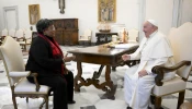 Pope Francis meets with Prime Minister of Barbados Mia Mottley on Nov. 14, 2024, at the Vatican ahead of a meeting of the Pontifical Academy for Life titled “Common Good: Theory and Practice” in which Mottley was a panelist. The academy’s meeting discussed the global financial system in light of the social doctrine of the Catholic Church and crises that have impacted the world.