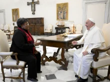 Pope Francis meets with Prime Minister of Barbados Mia Mottley on Nov. 14, 2024, at the Vatican ahead of a meeting of the Pontifical Academy for Life titled “Common Good: Theory and Practice” in which Mottley was a panelist. The academy’s meeting discussed the global financial system in light of the social doctrine of the Catholic Church and crises that have impacted the world.