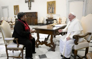 Pope Francis meets with Prime Minister of Barbados Mia Mottley on Nov. 14, 2024, at the Vatican ahead of a meeting of the Pontifical Academy for Life titled “Common Good: Theory and Practice” in which Mottley was a panelist. The academy’s meeting discussed the global financial system in light of the social doctrine of the Catholic Church and crises that have impacted the world. Credit: Vatican Media