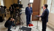 House Speaker Mike Johnson speaks with EWTN News' Erik Rosales at the U.S. Capitol.