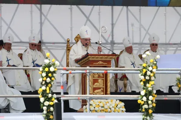 Archbishop Alfredo José Espinoza Mateus of Quito, primate of Ecuador, gives the homily at the opening Mass of the 53rd International Eucharistic Congress in Quito, Ecuador, on Sunday, Sept. 8, 2024. Credit: Eduardo Berdejo/EWTN News