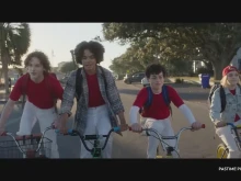 From left to right: Actor Mason Thames (Noah), Noah Cottrell (Ben), Julian Lerner (Eugene), and Abby James Witherspoon (Sammy) in the new movie "Monster Summer."