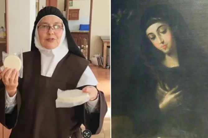 Mother Veronica of the Holy Faith (left) shows some of the hosts that will be consecrated during the International Eucharistic Congress; portrait of St. Mariana of Jesus (right).?w=200&h=150