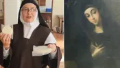 Mother Veronica of the Holy Faith (left) shows some of the hosts that will be consecrated during the International Eucharistic Congress; portrait of St. Mariana of Jesus (right).