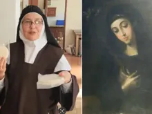 Mother Veronica of the Holy Faith (left) shows some of the hosts that will be consecrated during the International Eucharistic Congress; portrait of St. Mariana of Jesus (right).