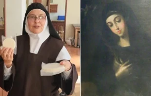 Mother Veronica of the Holy Faith (left) shows some of the hosts that will be consecrated during the International Eucharistic Congress; portrait of St. Mariana of Jesus (right). Credit: Eduardo Berdejo/EWTN News