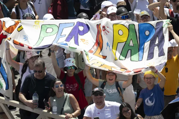 Pilgrims display a sign for Pope Francis at the Sunday Angelus in St. Peter's Square, Sunday, July 28, 2024. Credit: Vatican Media