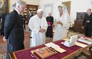 Queen Mathilde of Belgium meets with Pope Francis at the Vatican’s Apostolic Palace with her husband, King Philippe of the Belgians, on Sept. 14, 2023. Credit: Vatican Media