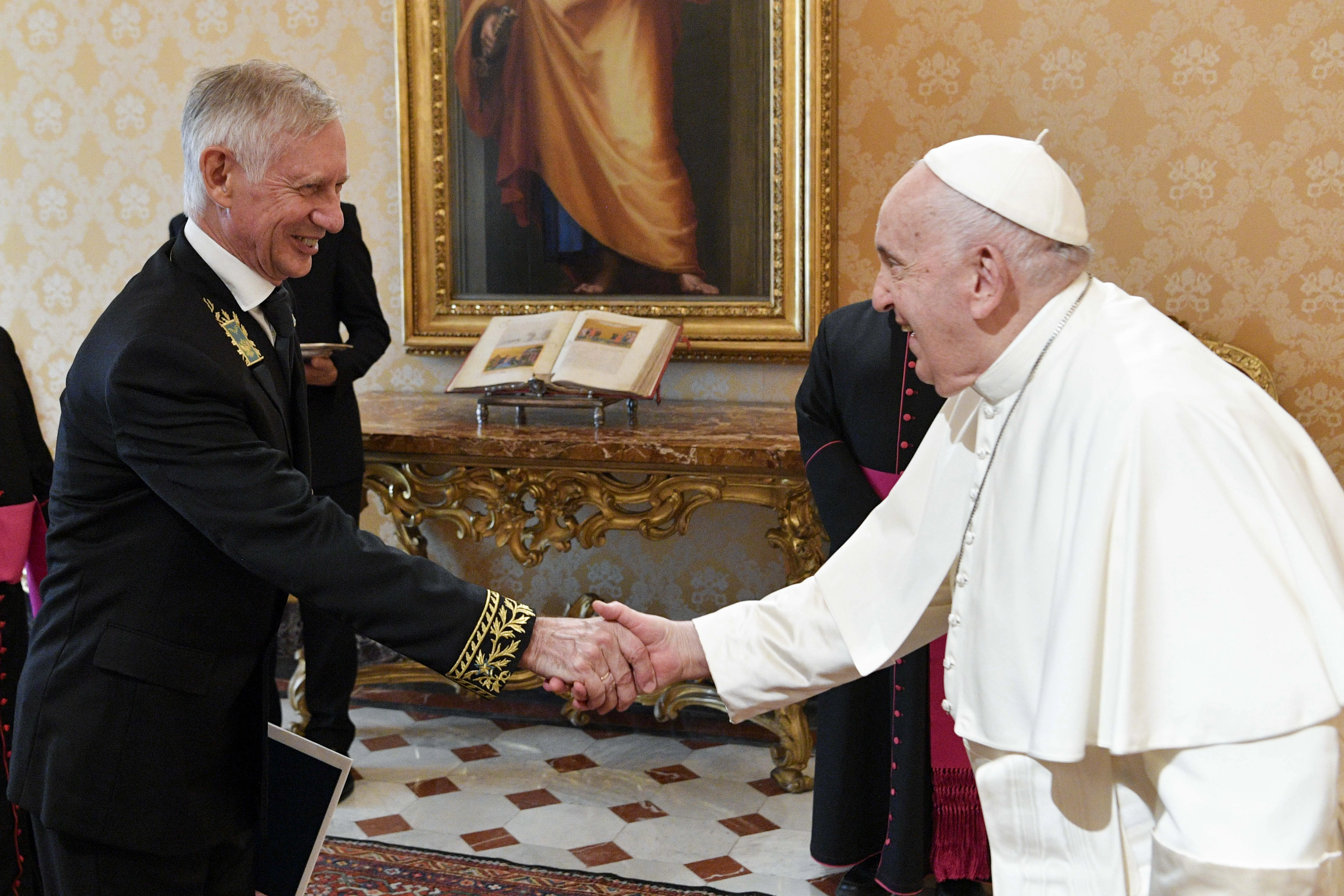 Pope Francis meets with Russia’s new ambassador to the Vatican Ivan Soltanovsky on Sept. 18, 2023, at the Vatican.?w=200&h=150