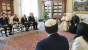 Pope Francis meets with World Jewish Congress President Ronald S. Lauder and other leaders at the Vatican on Oct. 19, 2023.