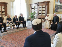 Pope Francis meets with World Jewish Congress President Ronald S. Lauder and other leaders at the Vatican on Oct. 19, 2023.