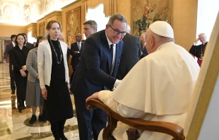 Pope Francis meets with participants of the Minerva Dialogues — a meeting of scientists, engineers, business leaders, lawyers, philosophers, Catholic theologians, ethicists, and members of the Roman Curia to discuss digital technologies — at the Vatican on March 27, 2023. Credit: Vatican Media