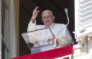 Pope Francis greets the crowd gathered in St. Peter's Square for his Angelus address on Sept. 24, 2023. Vatican Media