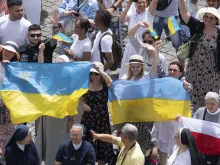 At his Angelus address June 9, 2024, Pope Francis  asked people to pray for the people who are suffering in Myanmar and in Ukraine, giving a special shoutout to some Ukrainians who were in the crowd waving flags.
