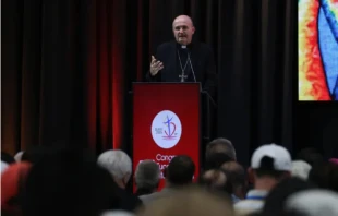 “Conversion is a forgetting of ourselves, it is to stop pretending to be the center of the universe… and saying: ‘Lord, sit down, now the center is going to be you’” Bishop Munilla said during his Sept. 11, 2024, presentation at the International Eucharistic Congress. Credit: Eduardo Berdejo/EWTN News