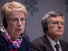 Theologian Myriam Wijlens, a Synod on Synodality consultant, speaks at an Oct. 23, 2024, press briefing, where she emphasized that Pope Francis has called for “reconfiguring the Church in a synodal way.”