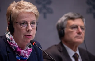 Theologian Myriam Wijlens, a Synod on Synodality consultant, speaks at an Oct. 23, 2024, press briefing, where she emphasized that Pope Francis has called for “reconfiguring the Church in a synodal way.” Credit: Daniel Ibañez/CNA