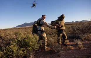 A U.S. Customs and Border Protection agent detains camouflaged Mexican migrants near the U.S.-Mexico border on Nov. 4, 2022, near Naco, Arizona. Credit: John Moore/Getty Images